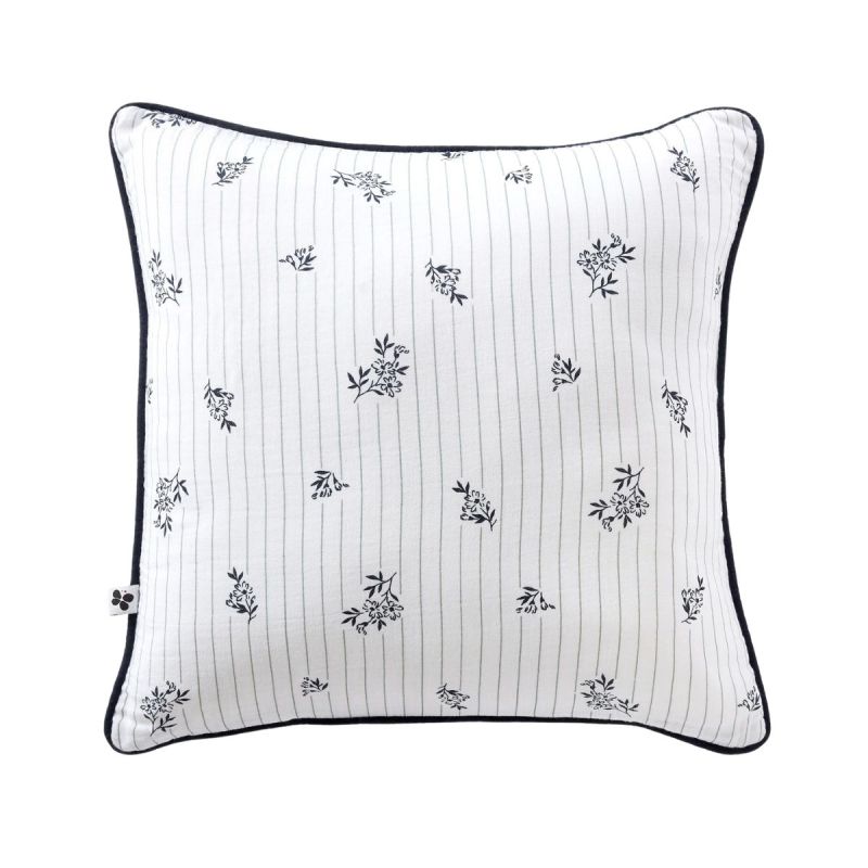 Coussin déhoussable 45x45cm gaze de coton blanc fleurs marine - ALIENOR