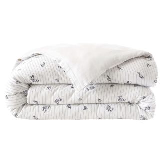 Housse de couette 140x200cm gaze de coton blanc fleurs marine - ALIENOR