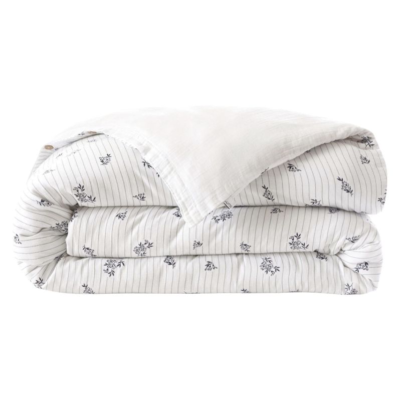Housse de couette 200x200cm gaze de coton blanc fleurs marine - ALIENOR