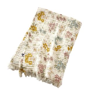 Plaid à franges 130 x 160 cm gaze de coton pampa et fleurie - ADELYS