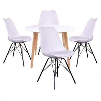 GRAM - Ensemble Table Ronde Naturelle et Blanche + 4 Chaises Blanches