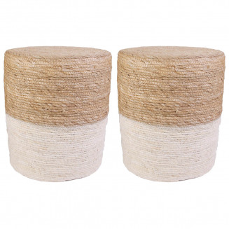 Estany - Lot de 2 Poufs Ronds Tressés Naturel et Beige