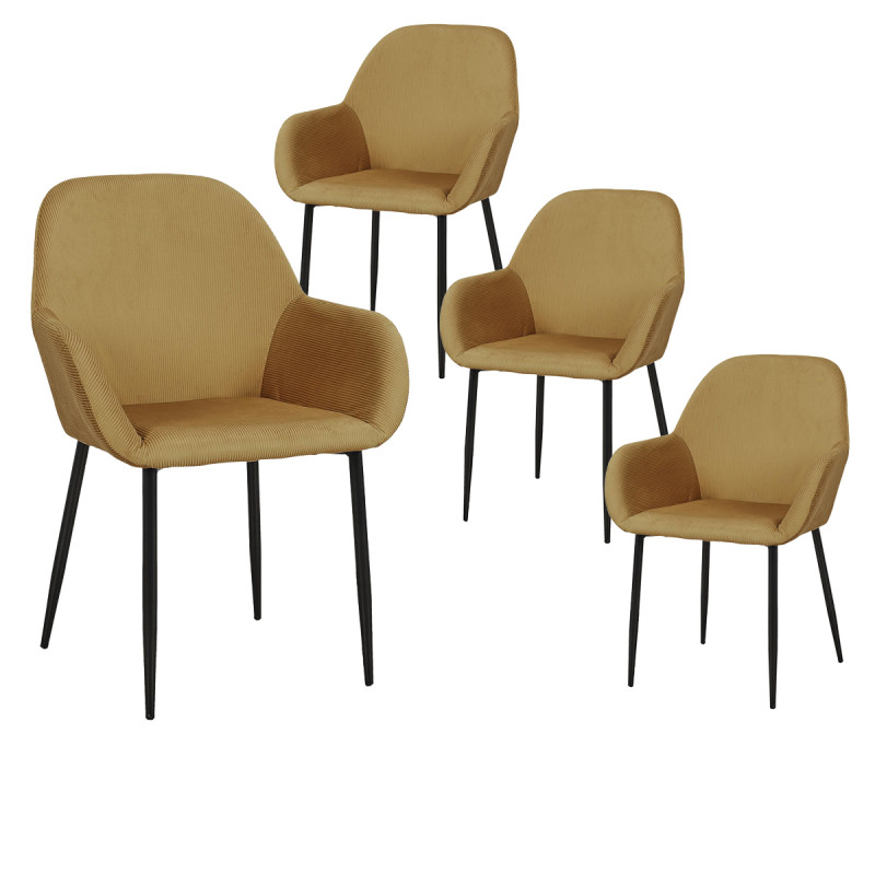 Alessia - Lot de 4 Fauteuils Velours Côtelé Jaune Moutarde