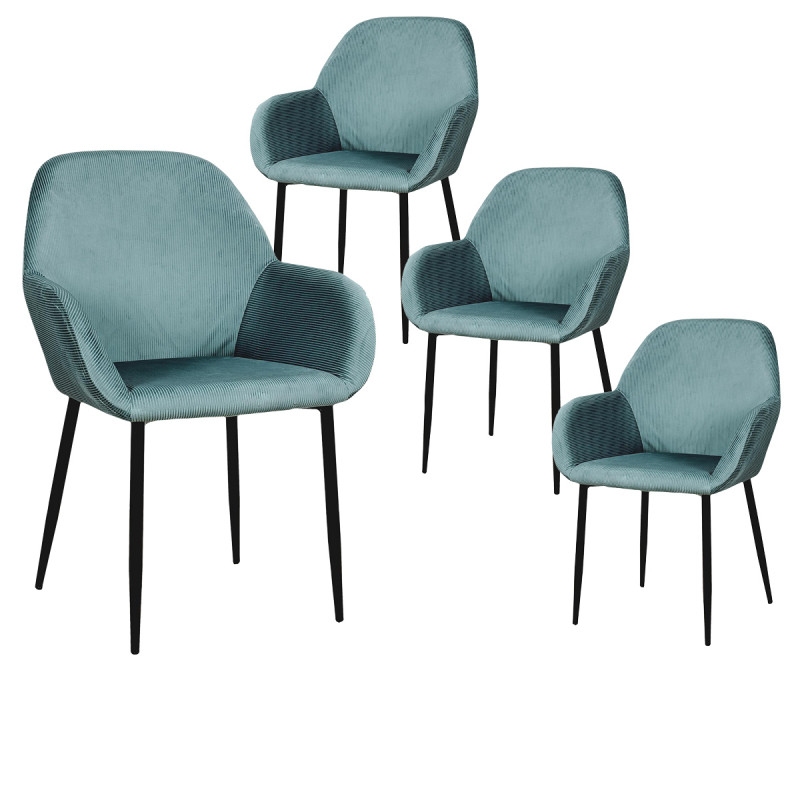 Alessia - Lot de 4 Fauteuils Velours Côtelé Bleu Canard