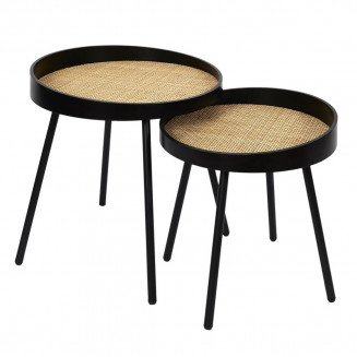 RATTAN - Duo de Tables Gigognes Noires Plateau en Rotin