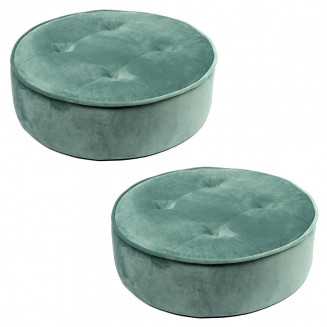 SELENA - Lot de 2 Poufs Ronds Capitonnés Velours Bleu Postal SELENA - Lot de 2 Poufs Ronds Capitonnés Velours Bleu Postal