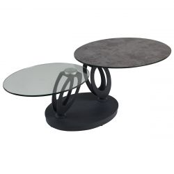 VITAK - Table Basse Ovale Plateaux Verre et Céramique Gris