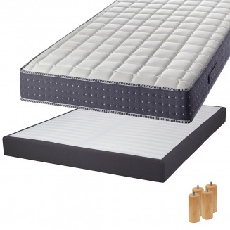 SILHOUETTE - Pack Matelas 140x190 + Sommier Tapissier Démontable 2x20 Lattes Anthracites + Pieds Bois 15cm