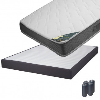 JAVA - Pack Matelas 140x190 + Sommier Tapissier Démontable 2x20 Lattes Anthracites + Pieds Anthracites 15cm