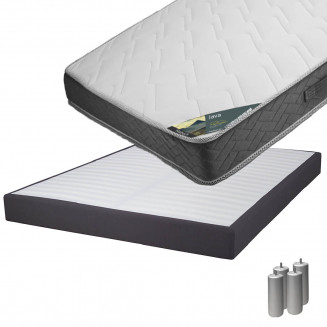 JAVA - Pack Matelas 140x190 + Sommier Tapissier Démontable 2x20 Lattes Anthracites + Pieds Argent 15cm