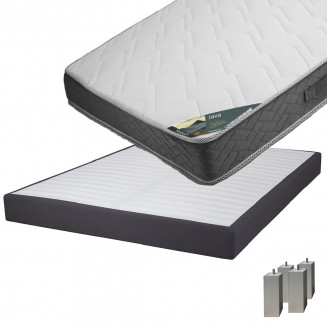 JAVA - Pack Matelas 140x190 + Sommier Tapissier Démontable 2x20 Lattes Anthracites + Pieds Carrés Argent 15cm