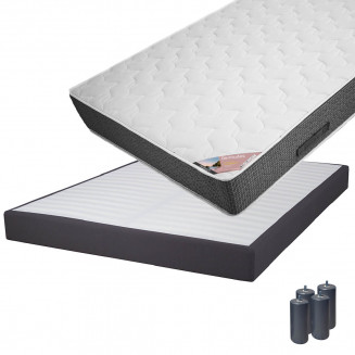 BERMUDES - Pack Matelas 140x190 + Sommier Tapissier Démontable 2x20 Lattes Anthracites + Pieds Anthracites 15cm