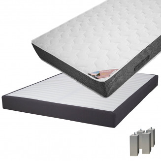 BERMUDES - Pack Matelas 140x190 + Sommier Tapissier Démontable 2x20 Lattes Anthracites + Pieds Carrés Argent 15cm