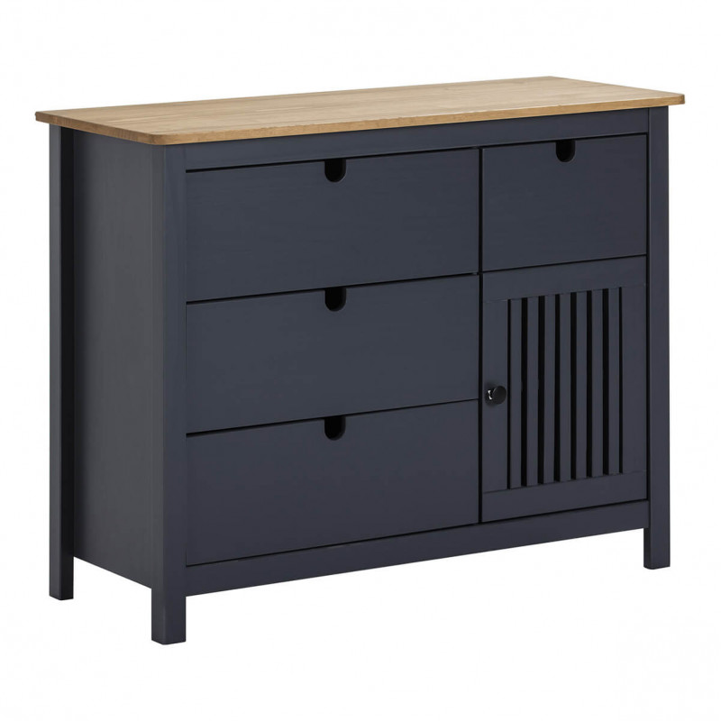 MALIA - Commode 4 Tiroirs 1 Porte Bois Ciré et Gris Foncé