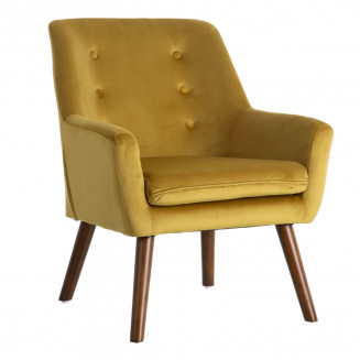 OMARI - Fauteuil Velours Moutarde et Pieds Bois Massif Teintés