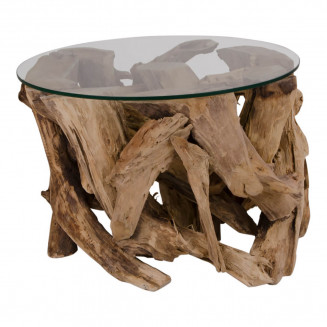 RAMA - Table Basse Ronde Ø60cm Teck Brut et Plateau Verre