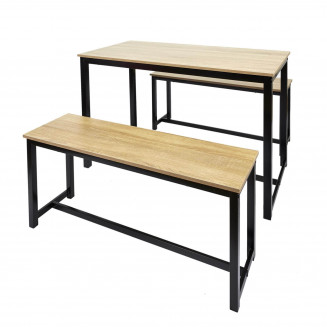 REMY - Ensemble Table Repas + 2 Bancs Effet Bois