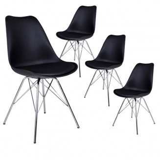 HAGA - Lot de 4 Chaises Noires avec Piétement Chromé