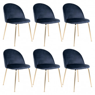 MEYRIN - Lot de 6 Chaises Velours Bleu et Pieds Métal Doré
