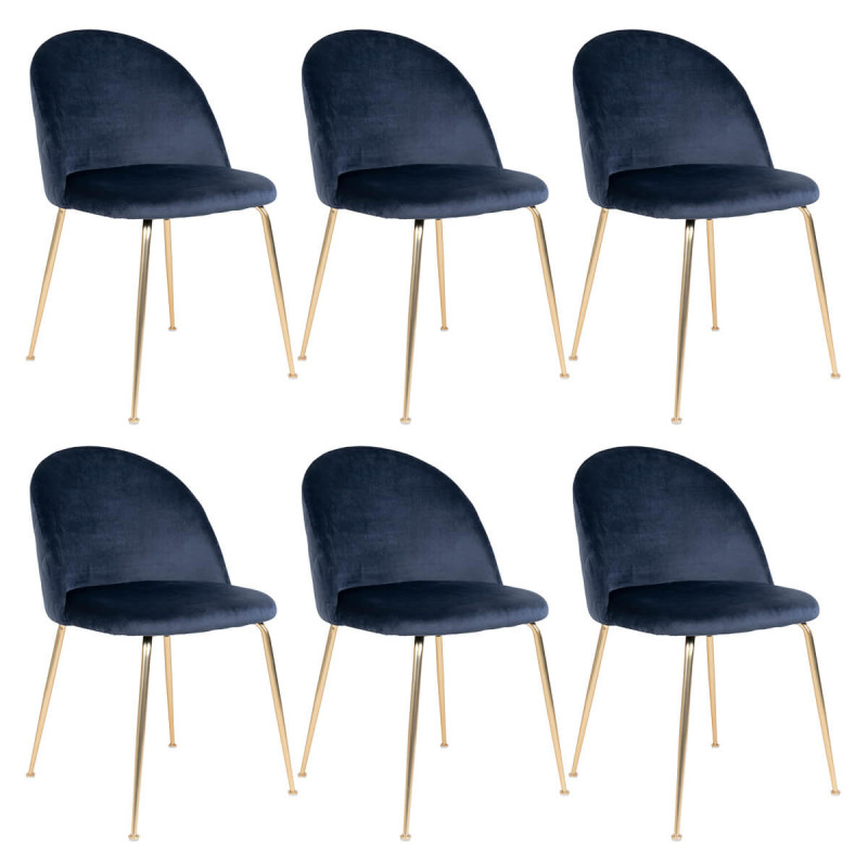 MEYRIN - Lot de 6 Chaises Velours Bleu et Pieds Métal Doré MEYRIN - Lot de 6 Chaises Velours Bleu et Pieds Métal Doré