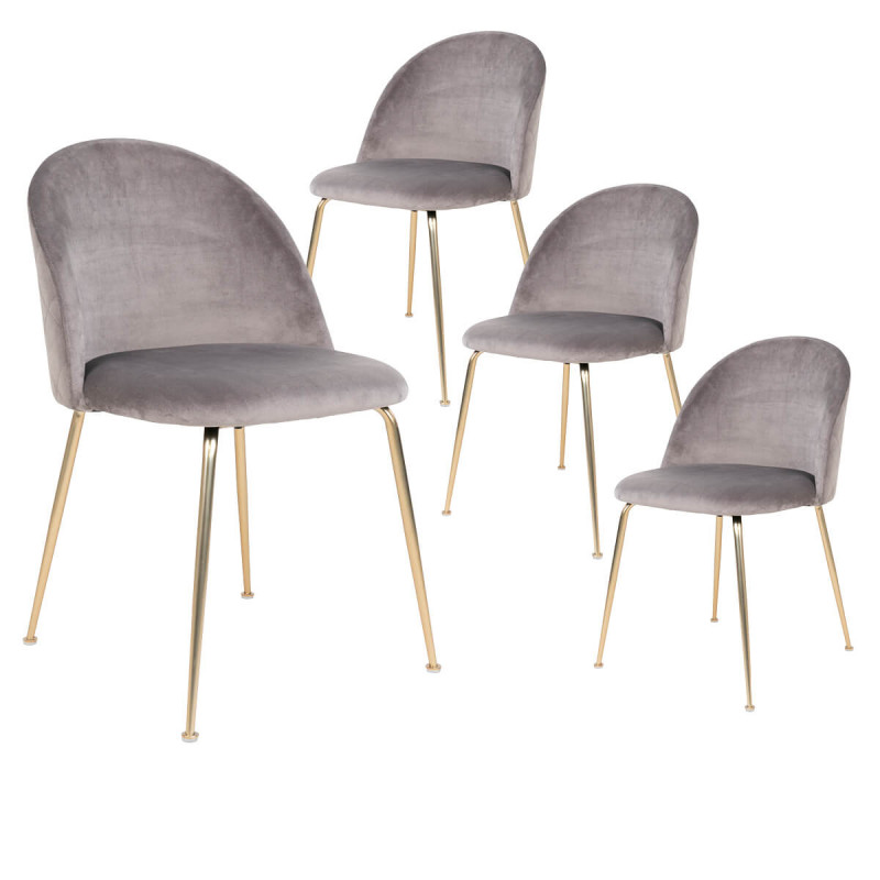MEYRIN - Lot de 4 Chaises Velours Gris et Pieds Métal Doré MEYRIN - Lot de 4 Chaises Velours Gris et Pieds Métal Doré