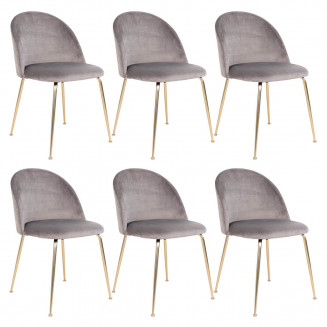 MEYRIN - Lot de 6 Chaises Velours Gris et Pieds Métal Doré