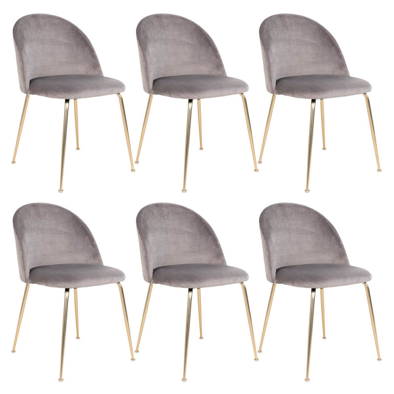 MEYRIN - Lot de 6 Chaises Velours Gris et Pieds Métal Doré MEYRIN - Lot de 6 Chaises Velours Gris et Pieds Métal Doré