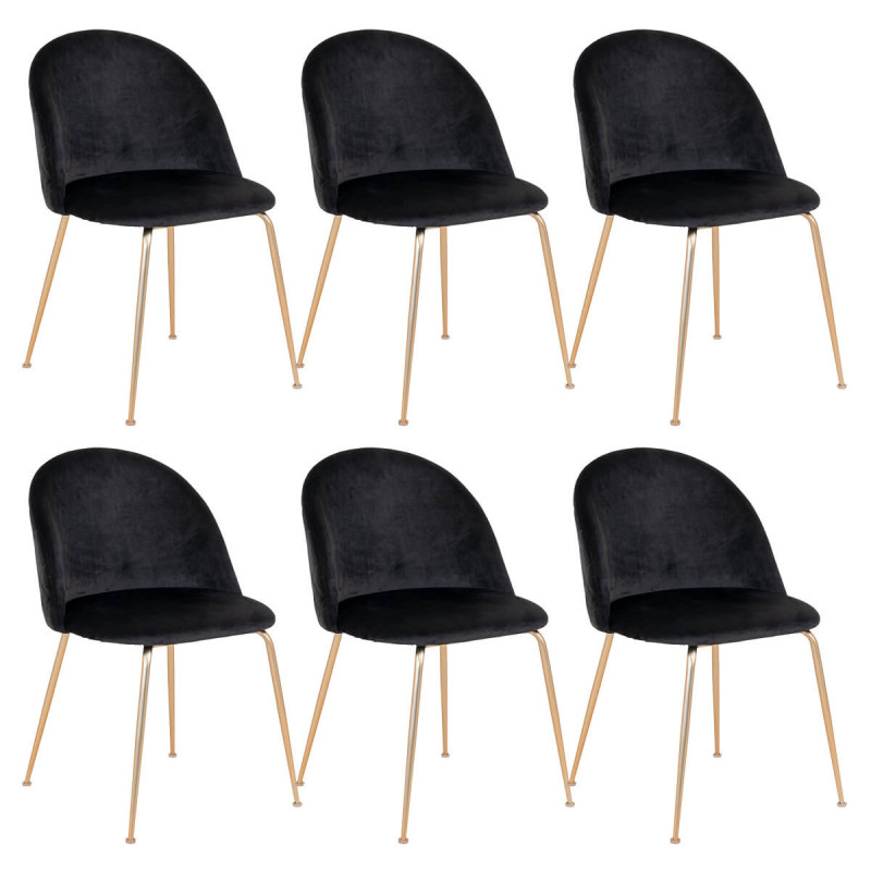 MEYRIN - Lot de 6 Chaises Velours Noir et Pieds Métal Doré MEYRIN - Lot de 6 Chaises Velours Noir et Pieds Métal Doré
