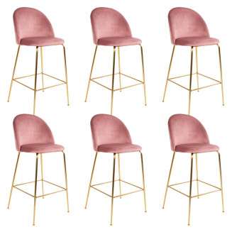 MEYRIN - Lot de 6 Chaises Hautes Velours Rose et Pieds Métal Doré