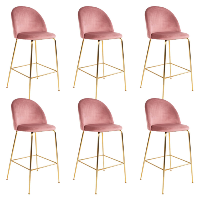 MEYRIN - Lot de 6 Chaises Hautes Velours Rose et Pieds Métal Doré