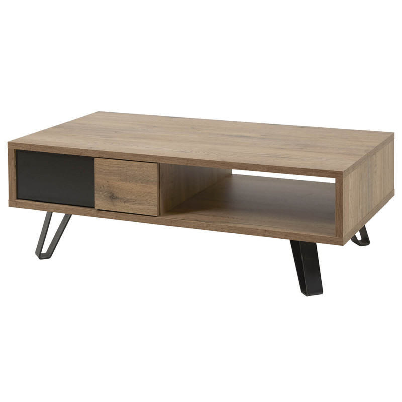 CARSON - Table Basse 1 Tiroir Effet Bois Naturel et Noir