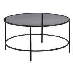 REDONDO - Table Basse Ø90cm Verre Grisé et Métal Noir