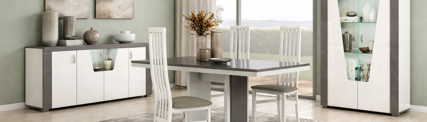 Salle à manger contemporaine laqué blanc et aspect marbre gris Newell