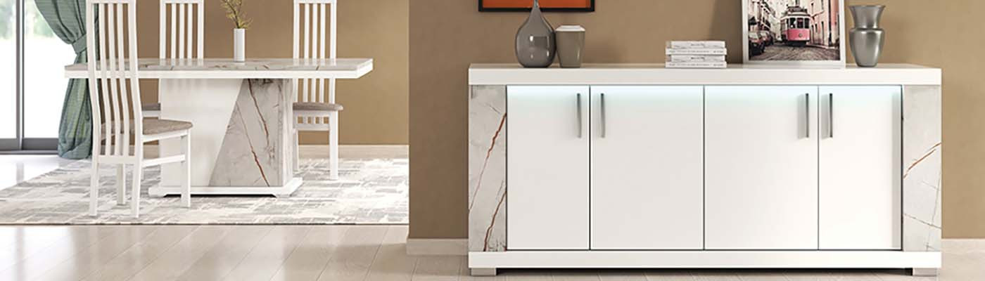 Salle à manger blanche et effet Marbre beige brillant Nervy
