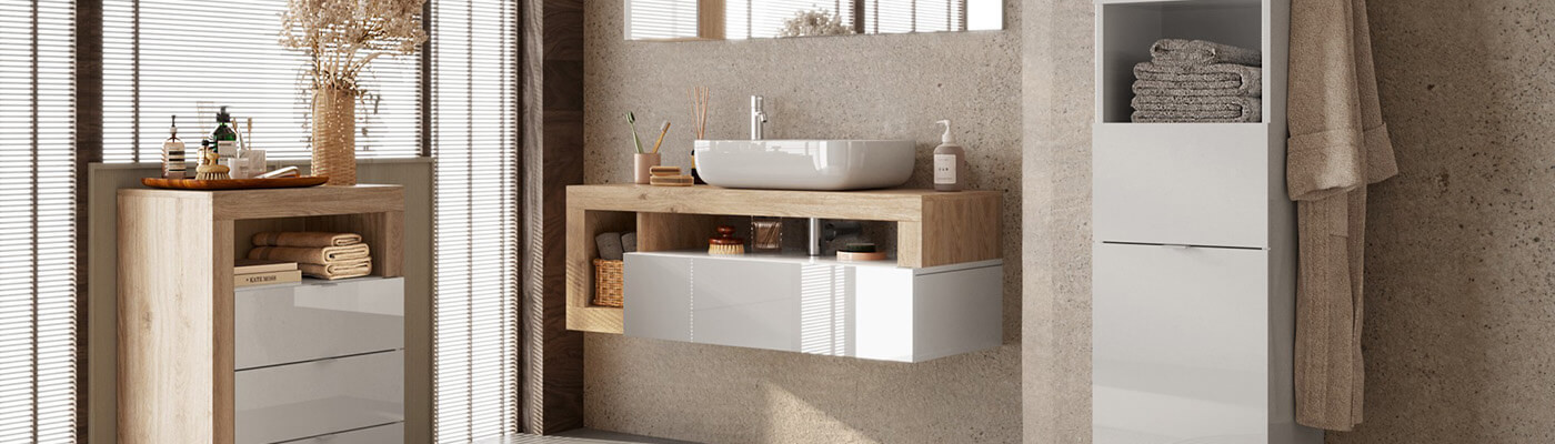 Salle de bain blanche et aspect bois clair Arturo