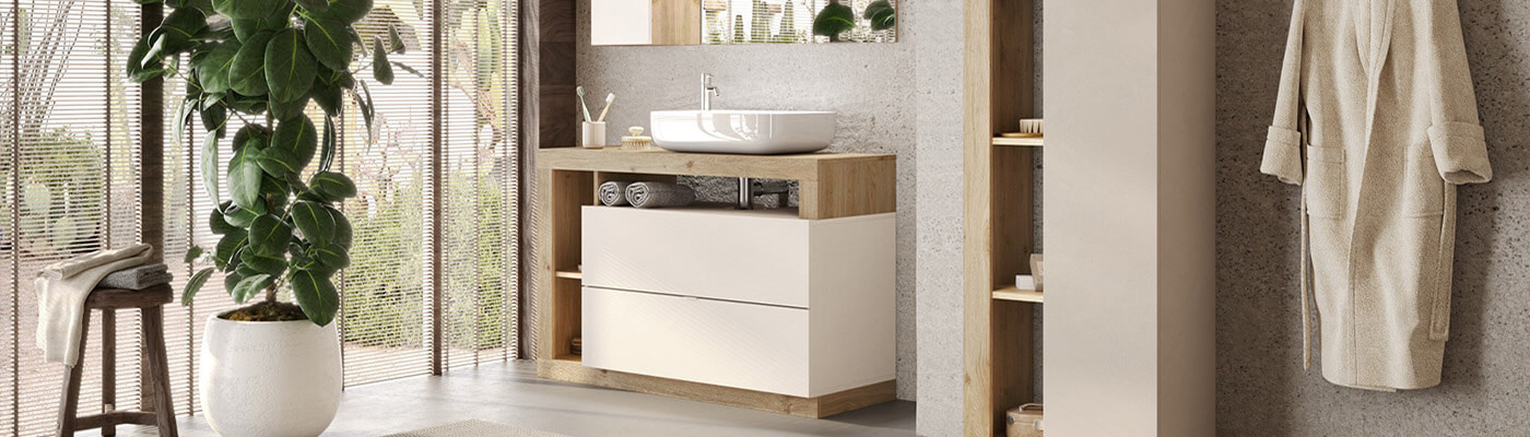Salle de bain beige et aspect bois clair et laqué beige Arturo