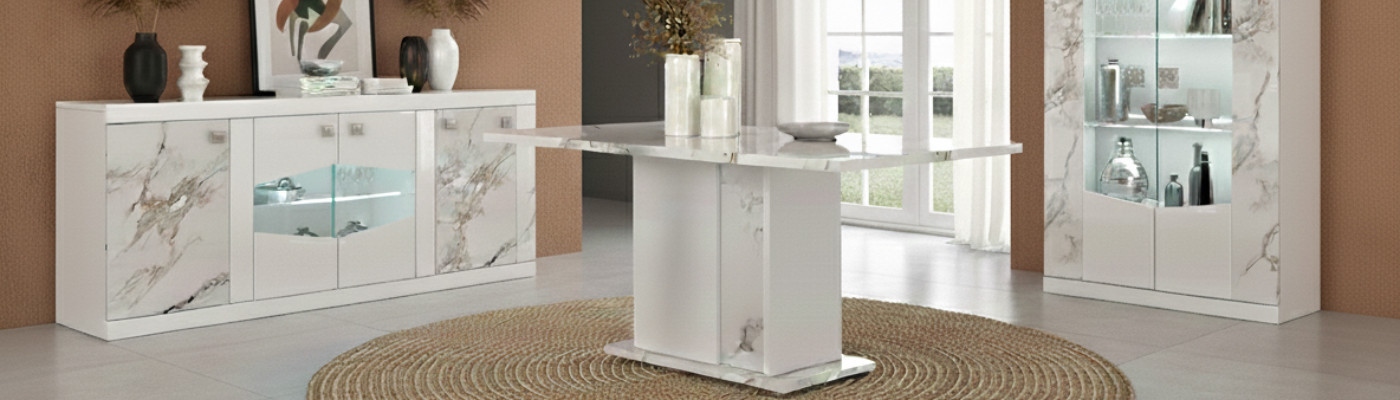 Salle à manger blanche et effet Marbre beige et gris brillant Etolis